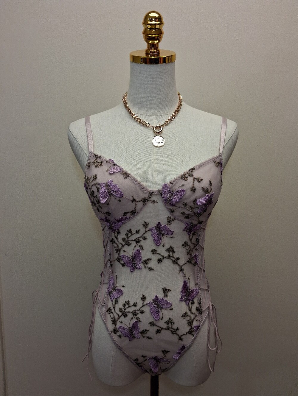 Lavender Butterfly Embroidered Lace Bodysuit Mesh Teddy Size Medium